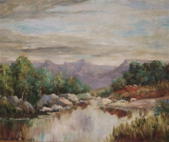 Madge Burnett, oil on board, river landscape, dated 1956, 50 x 60cm